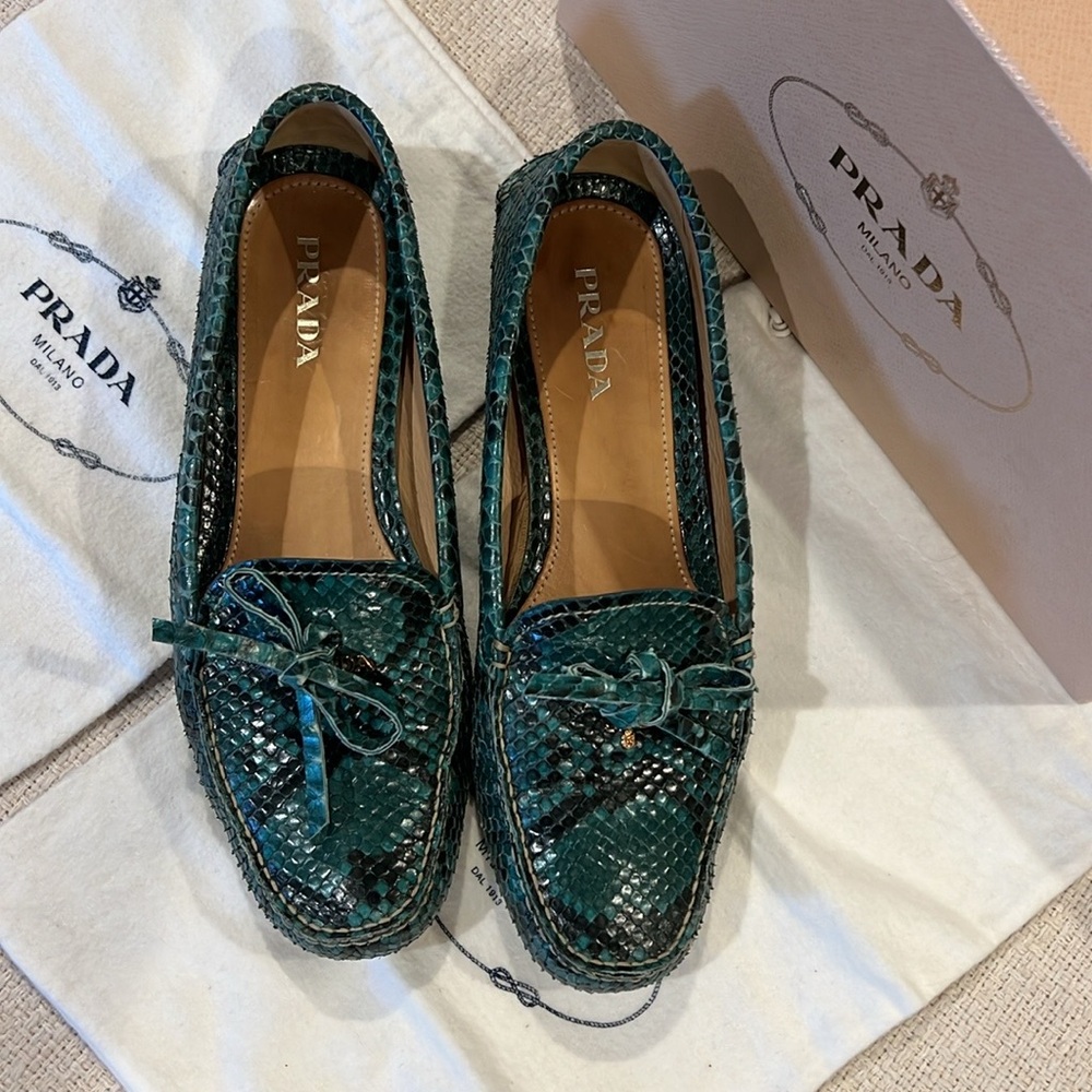 Prada Green Snakeskin Loafers Flats